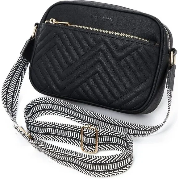 Quilted Vegan Leather Crossbody Black Bag Women Wide Strap and Shoulder Use - Picture 7 of 8